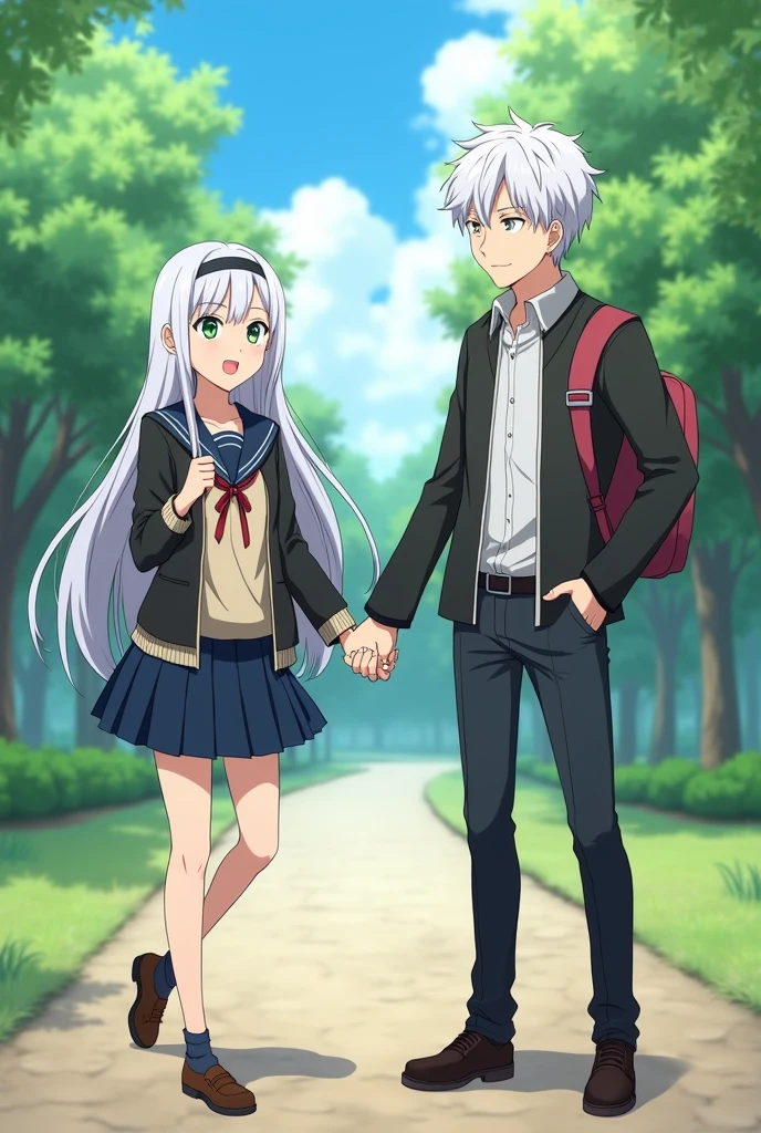 Male anime characters holding hands in a park and a 15 year old white haired female wearing a school uniform and cheerful, he is studying