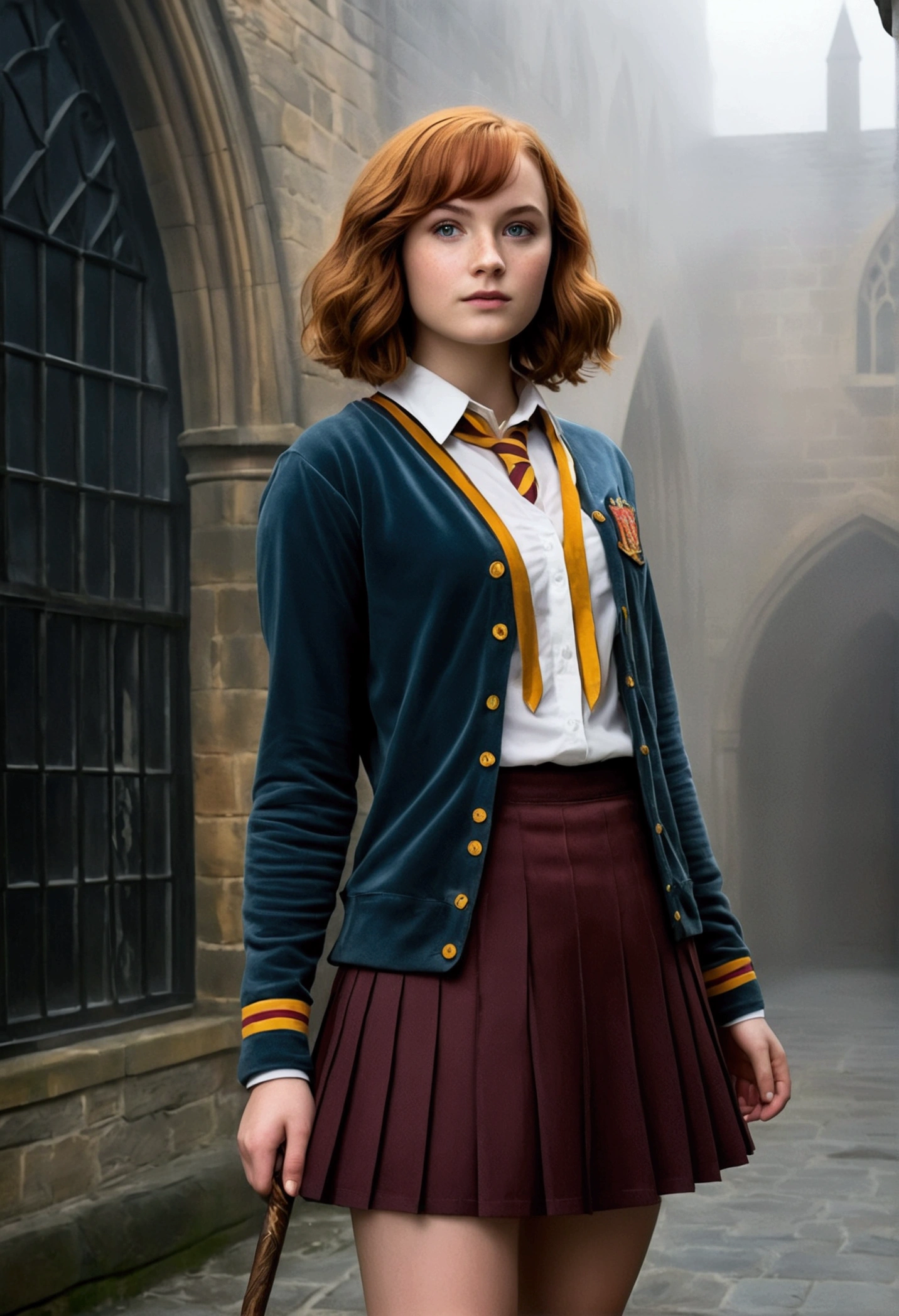 An illustrated movie poster, hand-drawn, full color, a teenage Hogwarts student, 18-years-old, female, wearing hogwarts robes and a pleated skirt, athletic hourglass figure, full wide hips, massive round butt, long shapely legs, ridiculously thick powerful thighs, vibrant eyes, deep dark auburn hair, short curly bob cut, flushed sun-kissed complexion, freckles, resembles Genevieve O'Reilly, standing in a foggy Hogwarts courtyard, surrounded by mist, graphite shading, stencil marks, airbrushed acrylic paint, masterpiece, close-up shot, in the style of the Deathly Hallows