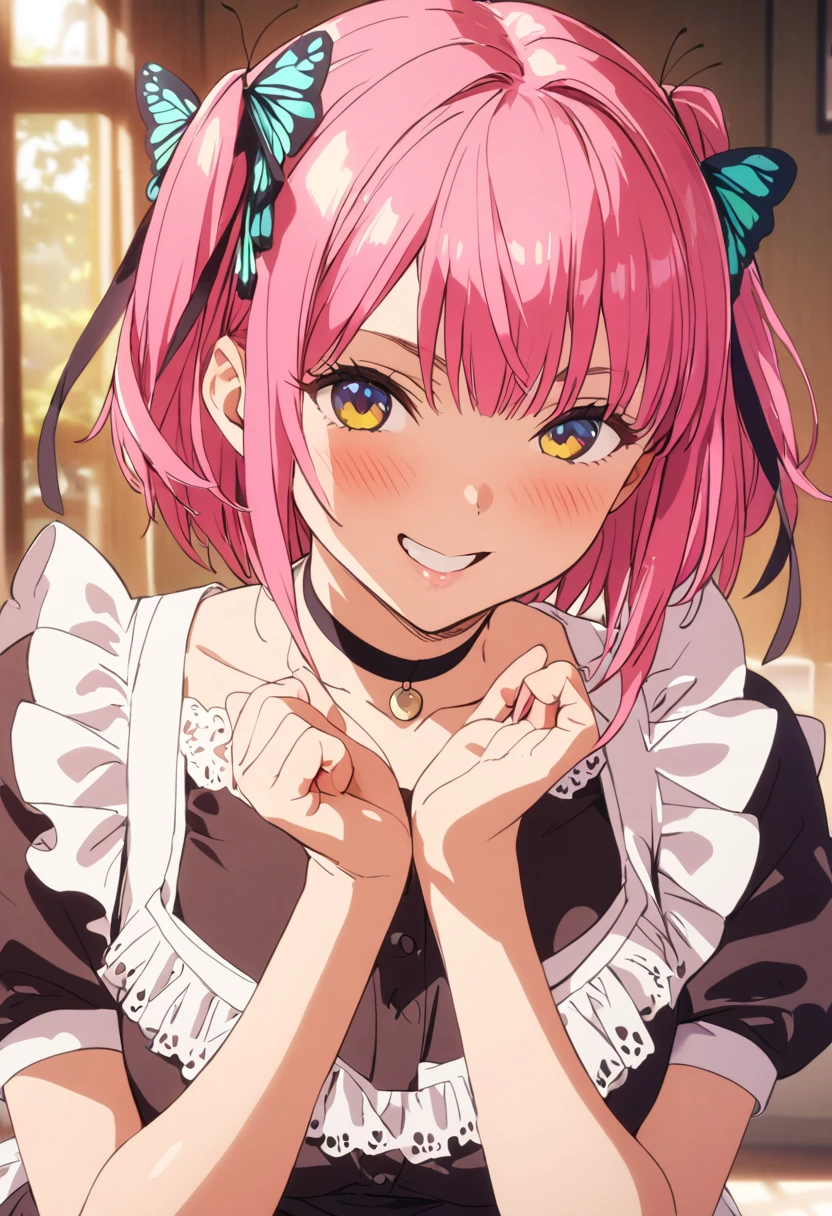 (Highest quality, 4K, 8k, High resolution, masterpiece:1.2), Very detailed, Picturesque, Animated Photography, Photo Animation:1.37)、Japanese girl、(Pink Hair)、(short hair)、(butterfly hair)、Black choker、smile、Fold your hands behind your body、Ecstasy face、Maid clothes、Nakano Nino
