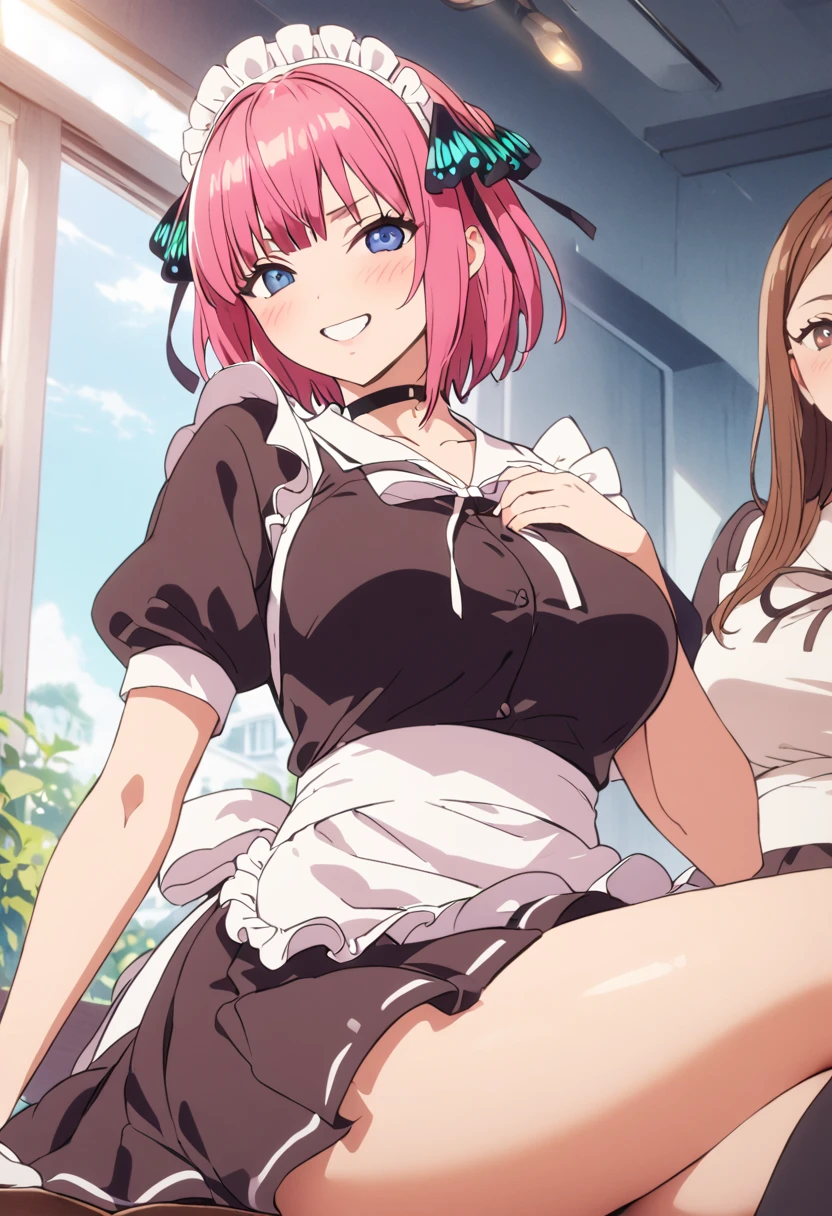 (Highest quality, 4K, 8k, High resolution, masterpiece:1.2), Very detailed, Picturesque, Animated Photography, Photo Animation:1.37)、Japanese schoolgirl、(Pink Hair)、(short hair)、(butterfly hair)、Black choker、smile、Fold your hands behind your body、Ecstasy face、Maid clothes、Nakano Nino
