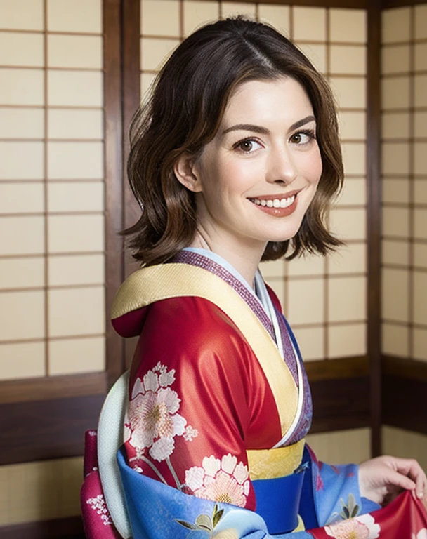 Highest quality, Face Focus, (Depth of written boundary) ,Ultra-high resolution, (Realistic:1.4), RAW Photos, Japanese-style room, alcove, Hanging scrolls
(Portraiture:1.4)
1 Japan, alone, cute, smile, (Brown eyes), Natural Face, (Midi Hair), 
(kimono:1.5)
