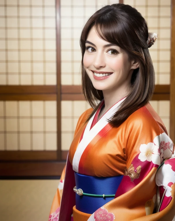 Highest quality, Face Focus, (Depth of written boundary) ,Ultra-high resolution, (Realistic:1.4), RAW Photos, Japanese-style room, alcove, Hanging scrolls
(Portraiture:1.4)
1 Japan, alone, cute, smile, (Brown eyes), Natural Face, (Midi Hair), 
(kimono:1.5)
