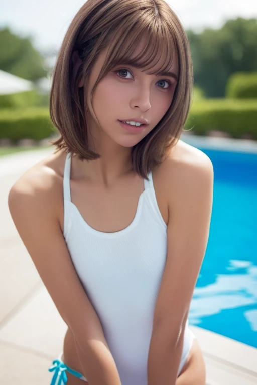 1girl, beautiful woman, White onepiece swimsuit, skinny, perfect body, defined abs, gold hair, standing in daytime pool room,  ultra-detailed face, beautiful eyes, beautiful lips, double eyelids, shy smile, trimmed bangs, sun-kissed skin, hint of pubic hair, (best quality, 8k, masterpiece:1.3), frontal and full-body shot, pussy line, front facing, open legs pubic hair