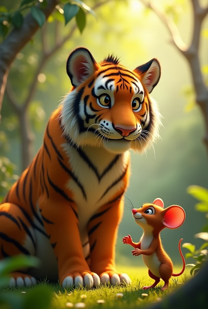 In 3d animation style "Ram, the tiger, is gently holding the small, frightened mouse in his large paw, having just saved it from danger. The mouse looks up at Ram with gratitude in its eyes, while the background shows the jungle clearing where the event took place"