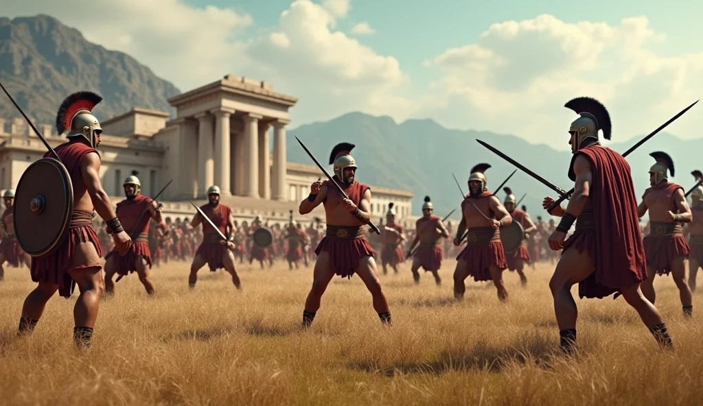 **Esparta y su formación militar**: "Una escena en Esparta mostrando jóvenes espartanos entrenando en un campo al aire libre, con instructores observándolos. La ciudad se ve al fondo, con edificios de arquitectura dórica, y montañas en la distancia. Los jóvenes visten túnicas simples y se preparan para el combate