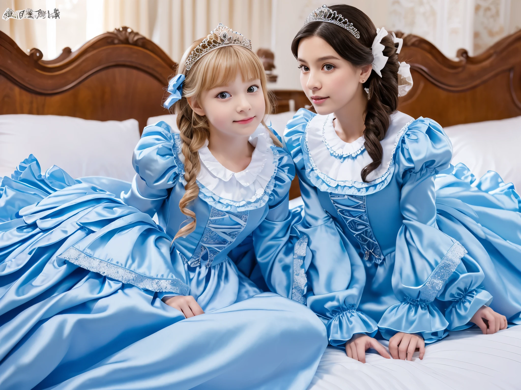 ,highest quality, masterpiece, highest resolution, artwork, super それにget used to it, many get used to it, get used to it, それにget used to it, 3k realistic pictures,,((10 year old little girls)),Ultra-detailed juvenile face,three are princesses,full length ball gown dress with hoop skirt,ruffled yoke collar,puff sleeves,long sleeve,((Lolita style hot detailed princess blue satin dress with lots of ruffles and ribbons)),Rococo style lolita fashion,shiny satin dress,Soft and smooth fabric,luxury,long blonde hair,blue eyes,white skin european,Pajama,((in the bedroom)),luxury princess canopy frilled bed,super detailed bed,they are lying on the bed,High-quality background,