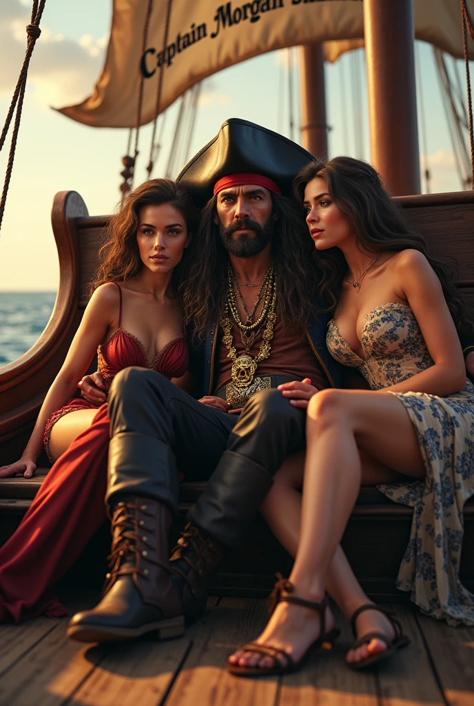 Captain Morgan sitting on ship with 2 girls with name of captain Morgan background