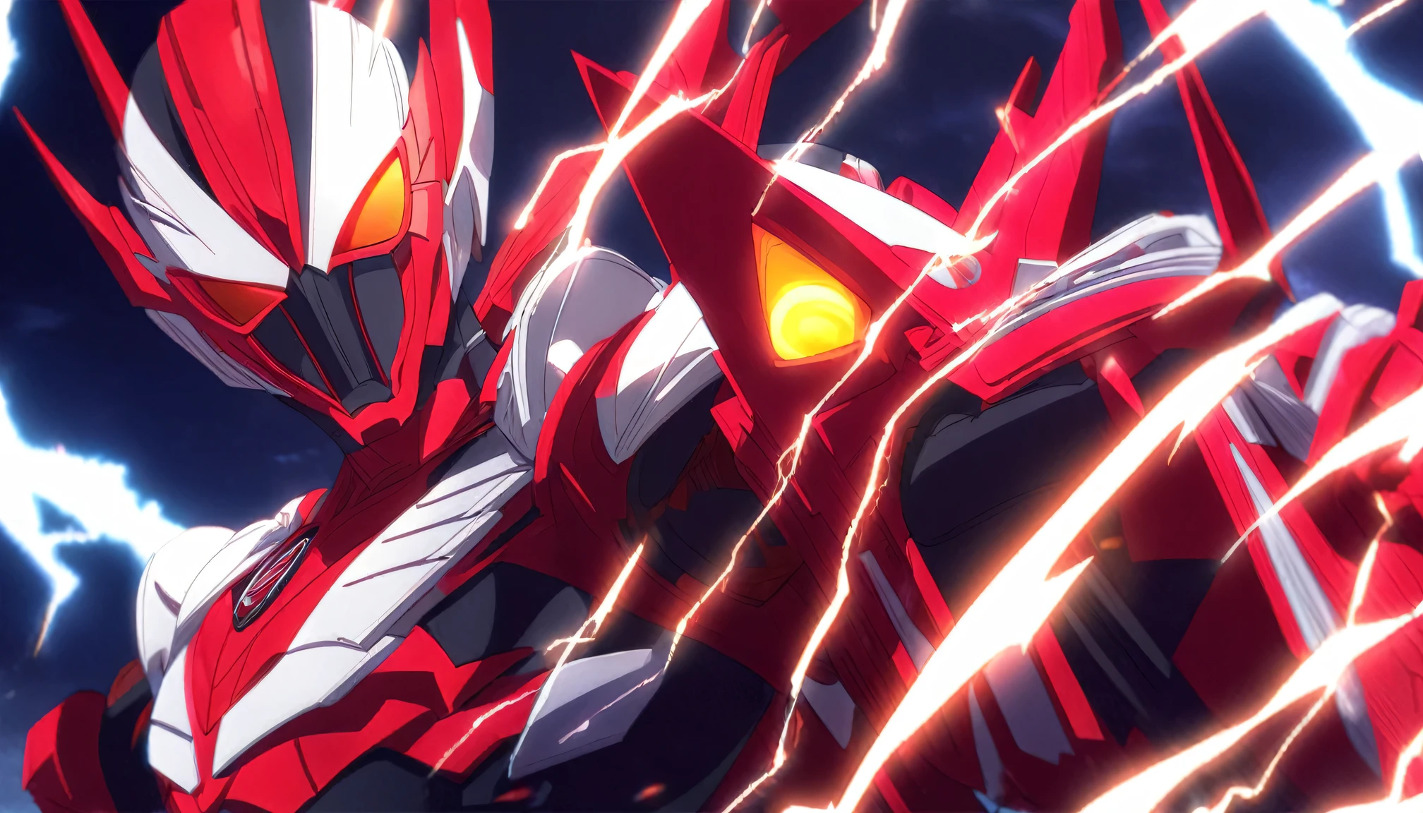 a close up of a person in a red costume with lightning, high fantasy kamen rider, kamen rider action pose, an epic anime of a energy man, kamen rider character, kamen rider, tokusatsu, inspired by Ryūsei Kishida, red lightning!!, full samurai armor spiderman, kamen rider ghost, trigger anime artstyle, spider zero