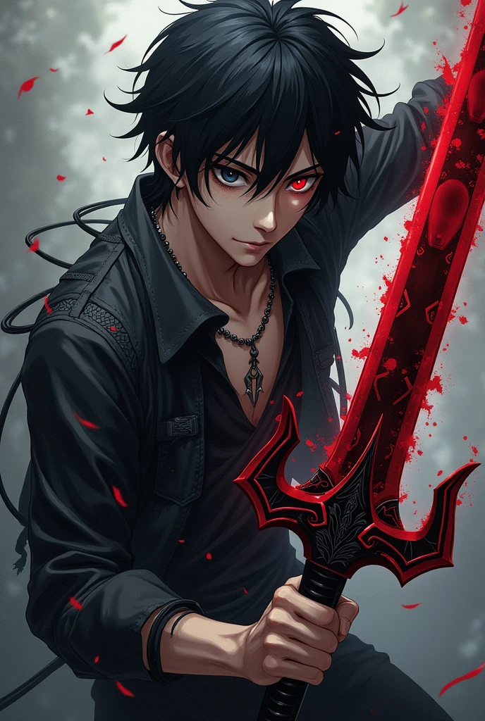 personagem masculino de anime
com cabelo preto um olho vermelho e o outro preto segurando uma espada demoniaca com a roupa toda rasgada