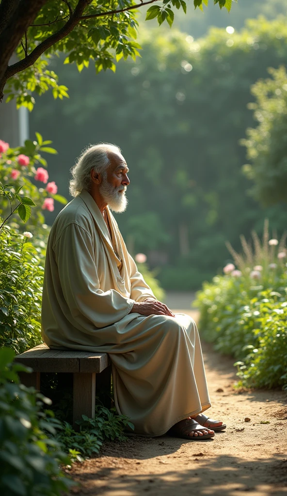 The wise man sits on a simple bench at the edge of his flourishing garden, a serene smile on his face. He reflects on the importance of vigilance and the peace that comes from removing harmful influences.