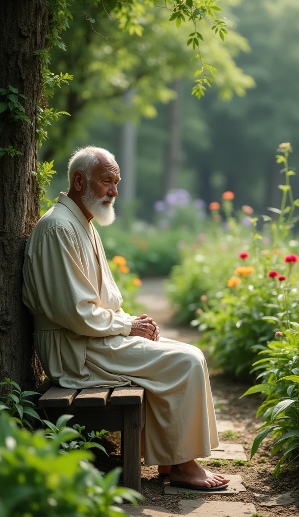 The wise man sits on a simple bench at the edge of his flourishing garden, a serene smile on his face. He reflects on the importance of vigilance and the peace that comes from removing harmful influences.