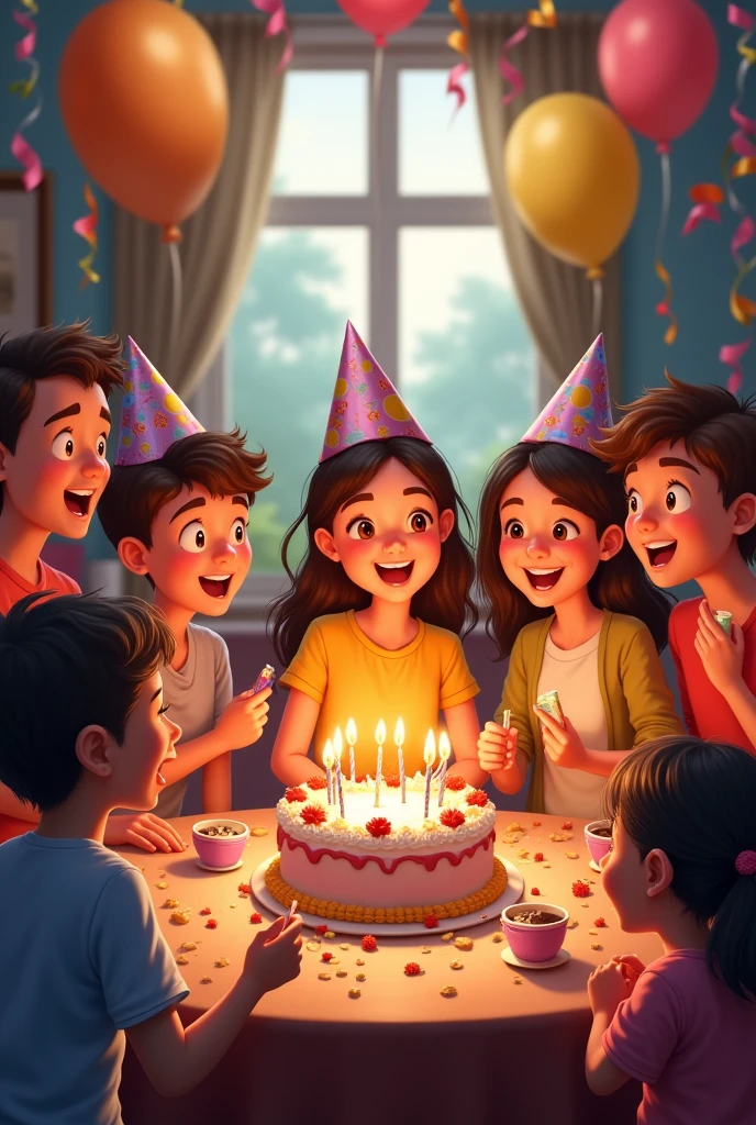 A joyful birthday celebration with friends and family gathered around a brightly decorated table, a cake in the center with candles glowing. The room is filled with balloons, streamers, and laughter, as everyone sings and celebrates together