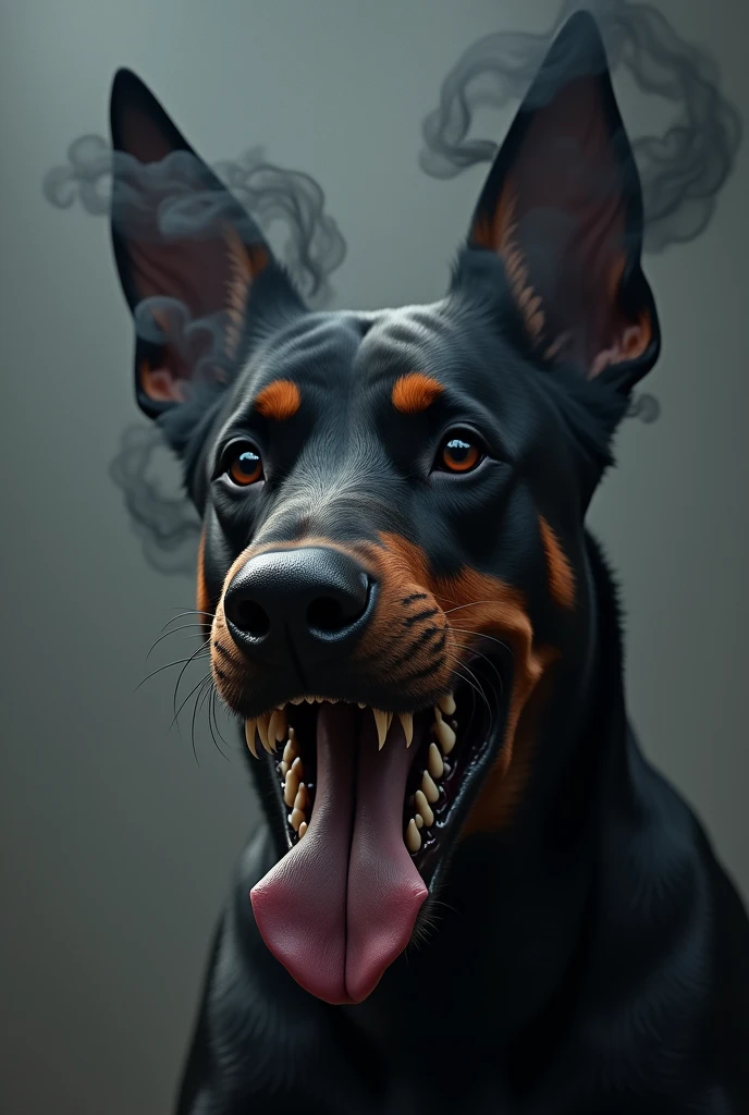 Doberman, smoke comes out of his eyes, mouth is wide open, sharp teeth, brutal, axisymmetric, yelling into camera