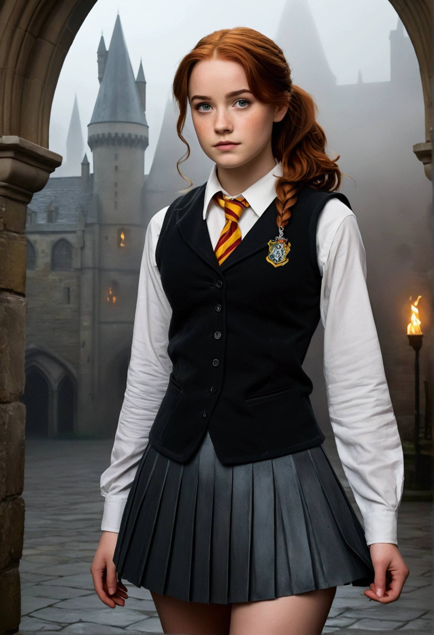 An illustrated movie poster, hand-drawn, full color, a age Hogwarts student, 18-years-old, female, wearing a charcoal vest and a pleated skirt, athletic hourglass figure, full wide hips, massive round buttng shapely legs, ridiculously thick powerful thighs, vibrant eyes, deep dark auburn hair, curly ponytail, flushed sun-kissed complexion, freckles, resembles Genevieve O'Reilly, standing in a foggy Hogwarts courtyard, surrounded by mist, graphite shading, stencil marks, airbrushed acrylic paint, masterpiece, close-up shot, in the style of the Deathly Hallows