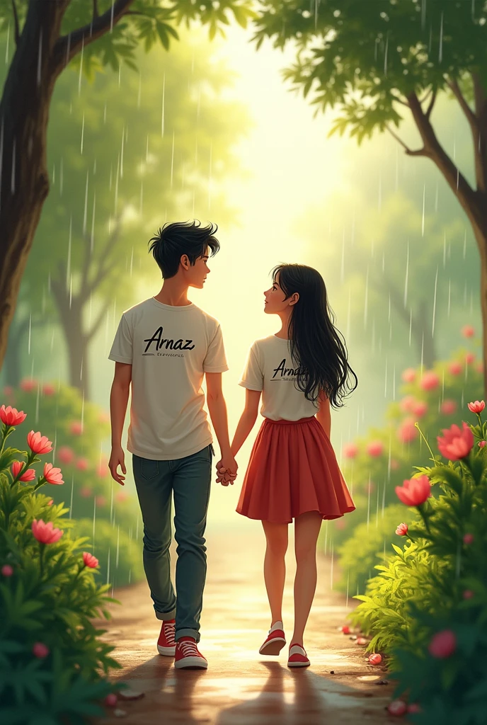 A couple(a boy and a girl) standing hand in hand, walking in a garden and . The girl looks fat. They are wearing a t shirt. On both the tshirt a designer name is printed that is "Arnaz". A little bit of rain showers is also there. The girl is feeding the boy with her hands.
