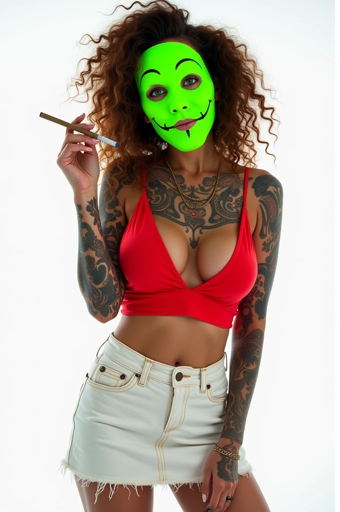 Brazilian white skin woman, white background, red cropped top with low neckline on the breasts, white denim skirt,big ass and mega big breasts,with tattoo all over the body,body 1, greeneyes, brown curly hair ,don&#39;t smile ,naughty look, holding a joint , body of coast, Green fluorescent Lan mask that covers the entire face except the mouth and eyes 