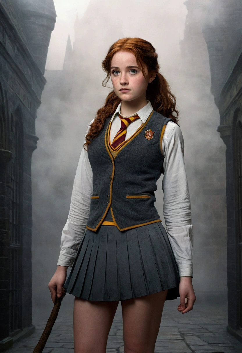 An illustrated movie poster, hand-drawn, full color, a teenage Hogwarts student, 18-years-old, female, wearing a charcoal vest and a pleated skirt, athletic hourglass figure, full wide hips, massive round butt, long shapely legs, ridiculously thick powerful thighs, vibrant eyes, deep dark auburn hair, curly ponytail, flushed sun-kissed complexion, freckles, resembles Genevieve O'Reilly, standing in a foggy Hogwarts courtyard, surrounded by mist, graphite shading, stencil marks, airbrushed acrylic paint, masterpiece, close-up shot, in the style of the Deathly Hallows 