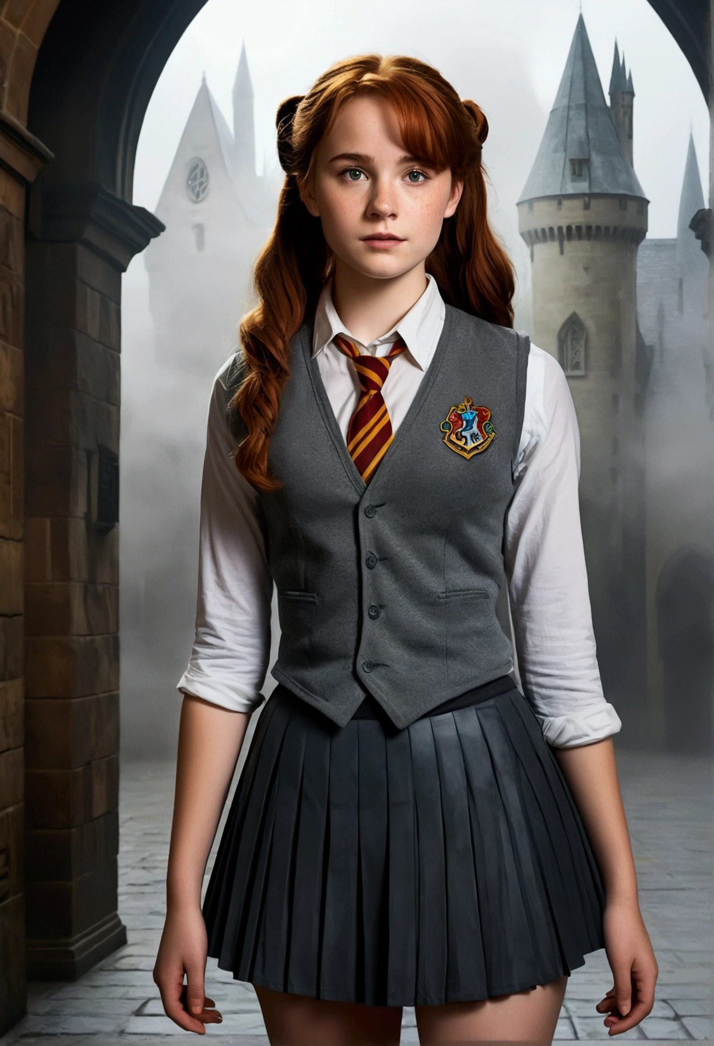 An illustrated movie poster, hand-drawn, full color, a teenage Hogwarts student, 18-years-old, female, wearing a charcoal vest and a pleated skirt, athletic hourglass figure, full wide hips, massive round butt, long shapely legs, ridiculously thick powerful thighs, vibrant eyes, deep dark auburn hair, curly ponytail, flushed sun-kissed complexion, freckles, resembles Genevieve O'Reilly, standing in a foggy Hogwarts courtyard, surrounded by mist, graphite shading, stencil marks, airbrushed acrylic paint, masterpiece, close-up shot, in the style of the Deathly Hallows
