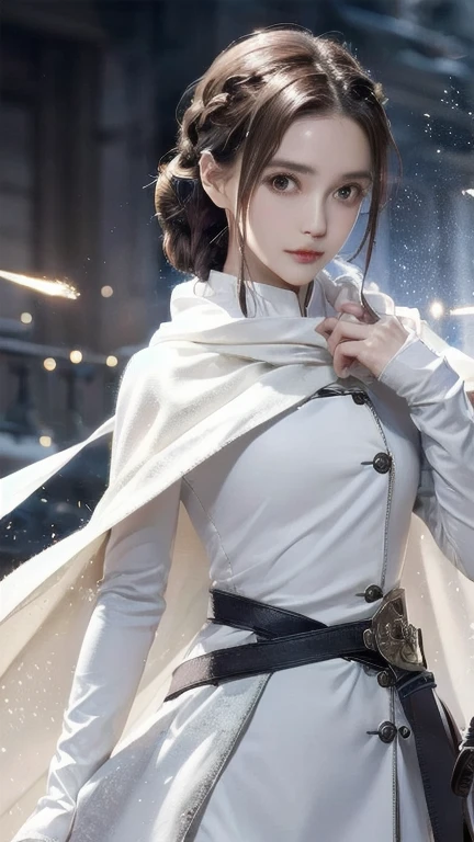 one woman、Rin々new appearance、A dignified expression、cold look、medieval monk、pure white battle uniform、bionde、french braid、have a sword、white cloak、Sword Art Online、(masterpiece, highest quality, highest quality, official art, beautiful and aesthetic:1.2)