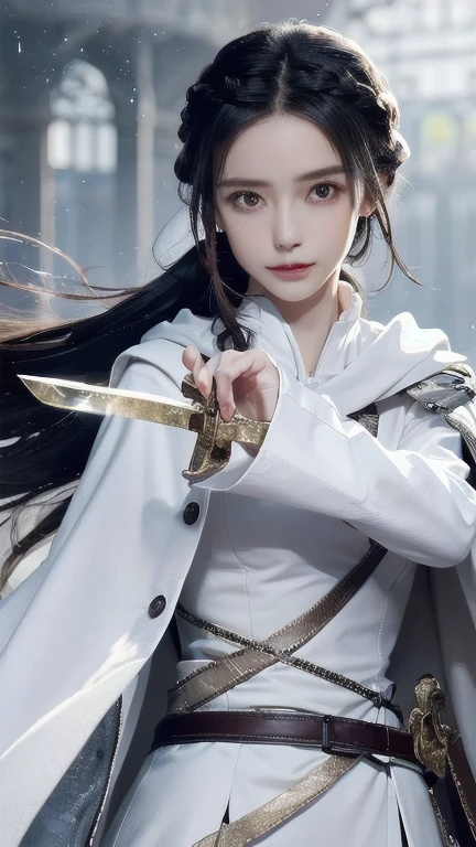 one woman、Rin々new appearance、A dignified expression、cold look、medieval monk、pure white battle uniform、bionde、french braid、have a sword、white cloak、Sword Art Online、(masterpiece, highest quality, highest quality, official art, beautiful and aesthetic:1.2)