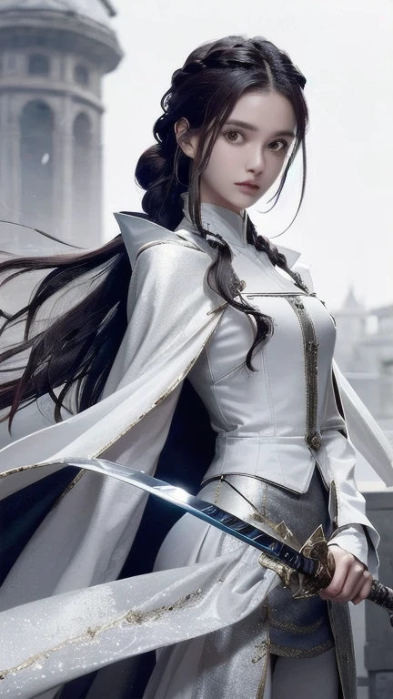 one woman、Rin々new appearance、A dignified expression、cold look、medieval monk、pure white battle uniform、bionde、french braid、have a sword、white cloak、Sword Art Online、(masterpiece, highest quality, highest quality, official art, beautiful and aesthetic:1.2)