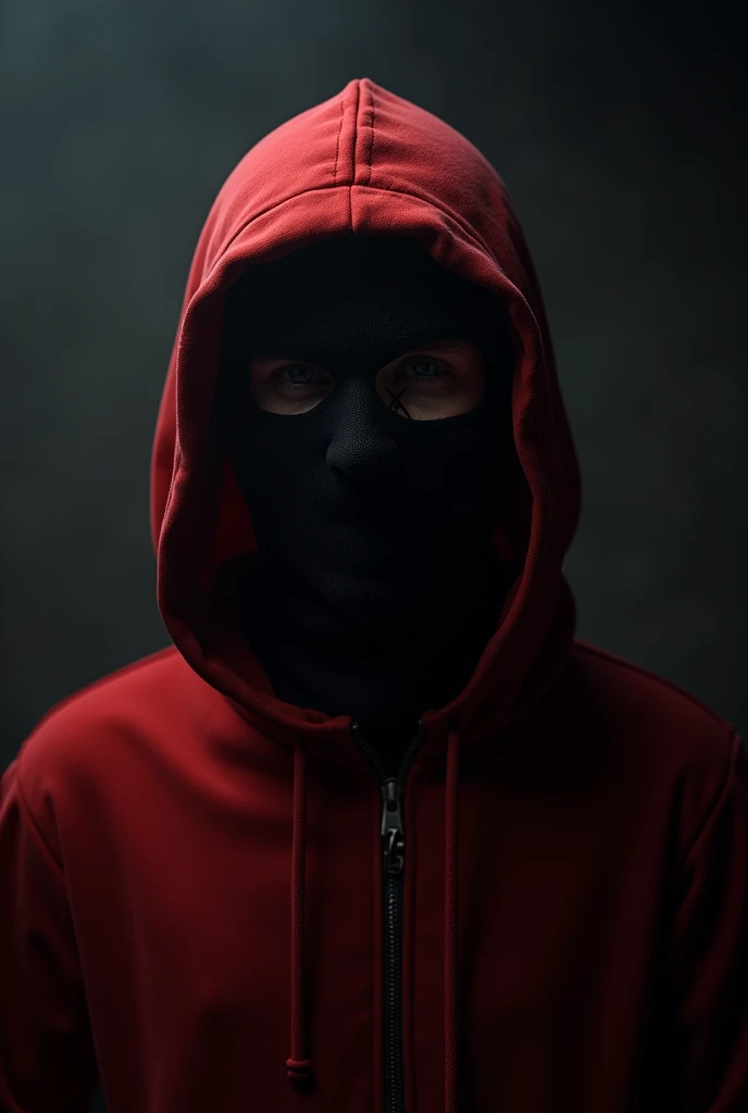 Man with black full face black mask and red hoodie and a x over left eye