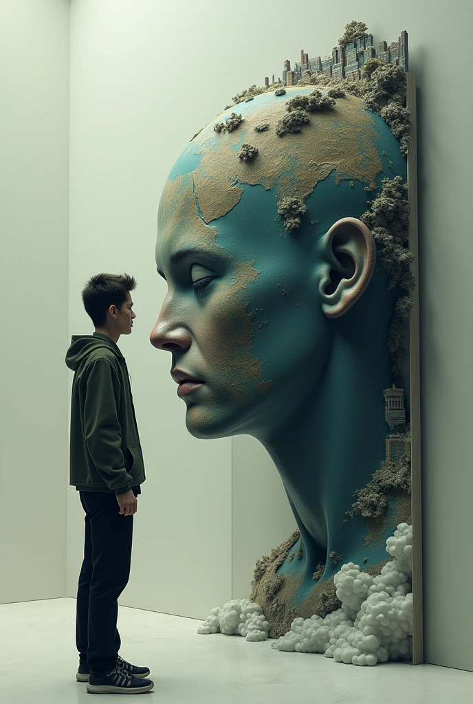 I want a person looking at himself in a mirror where his reflection is the same, but instead of his head he has a world.