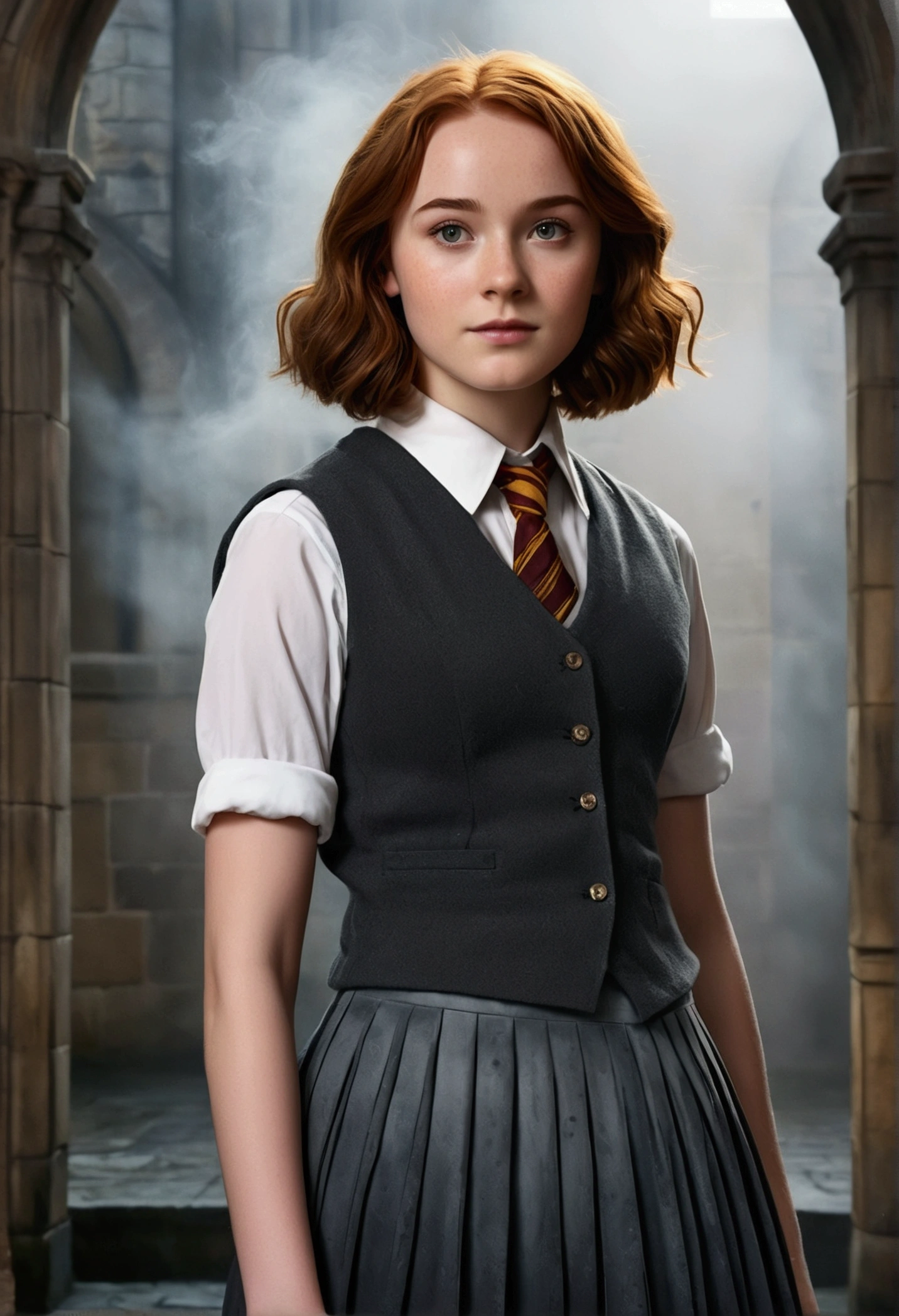An illustrated movie poster, hand-drawn, full color, a age Hogwarts student, 18-years-old, female, wearing a charcoal vest and a pleated skirt, athletic hourglass figure, full wide hips, massive round butt, long shapely legs, ridiculously thick powerful thighs, vibrant eyes, deep dark auburn hair, short curly bob cut, flushed sun-kissed complexion, freckles, resembles Genevieve O'Reilly, standing in a foggy Hogwarts courtyard, surrounded by mist, graphite shading, stencil marks, airbrushed acrylic paint, masterpiece, close-up shot, in the style of the Deathly Hallows