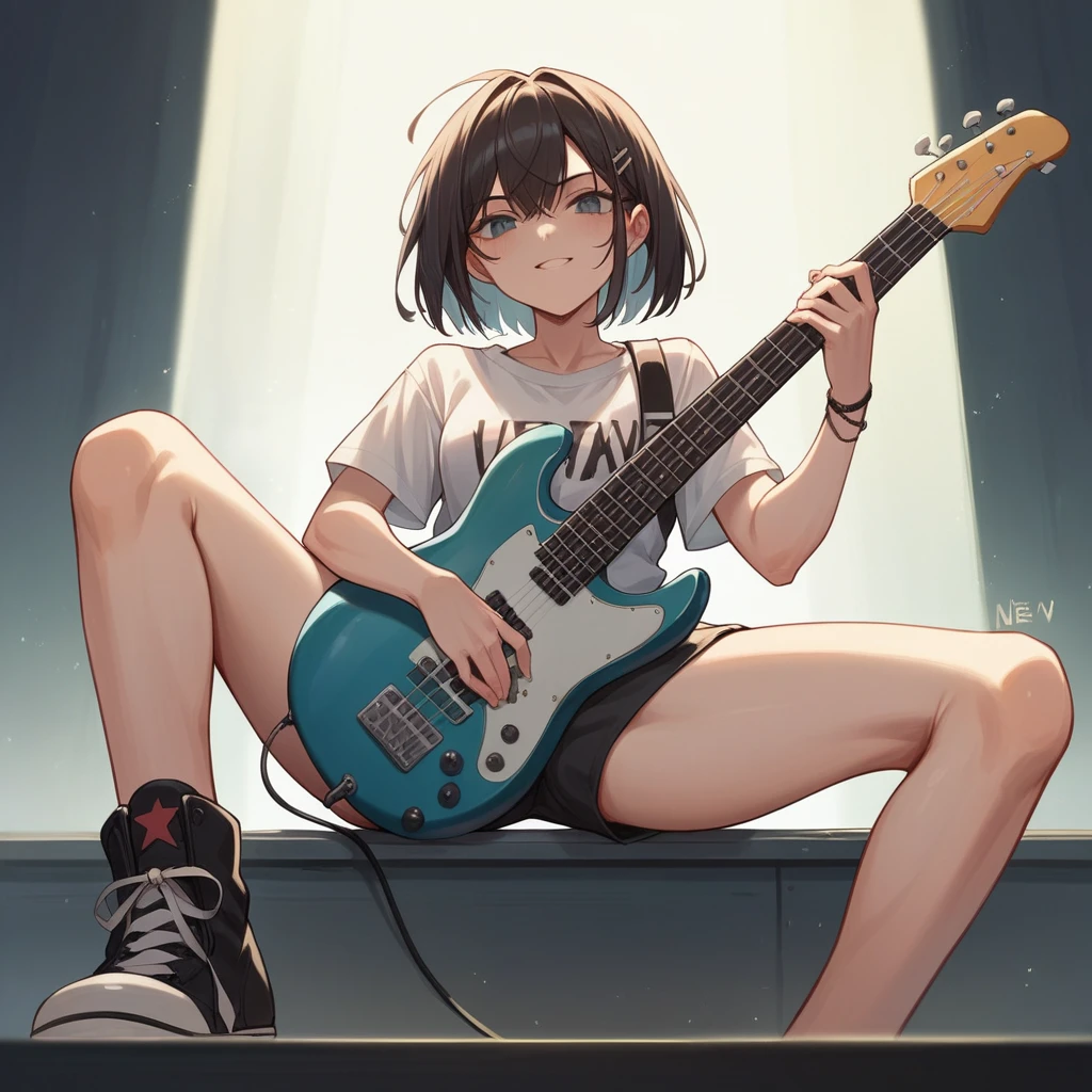 (masterpiece), (best quality), (correct anatomy), (nsfw), (anime), a slender girl playing the electric bass guitar, sitting on the center of the stage, in a perspective view, in a distant view,