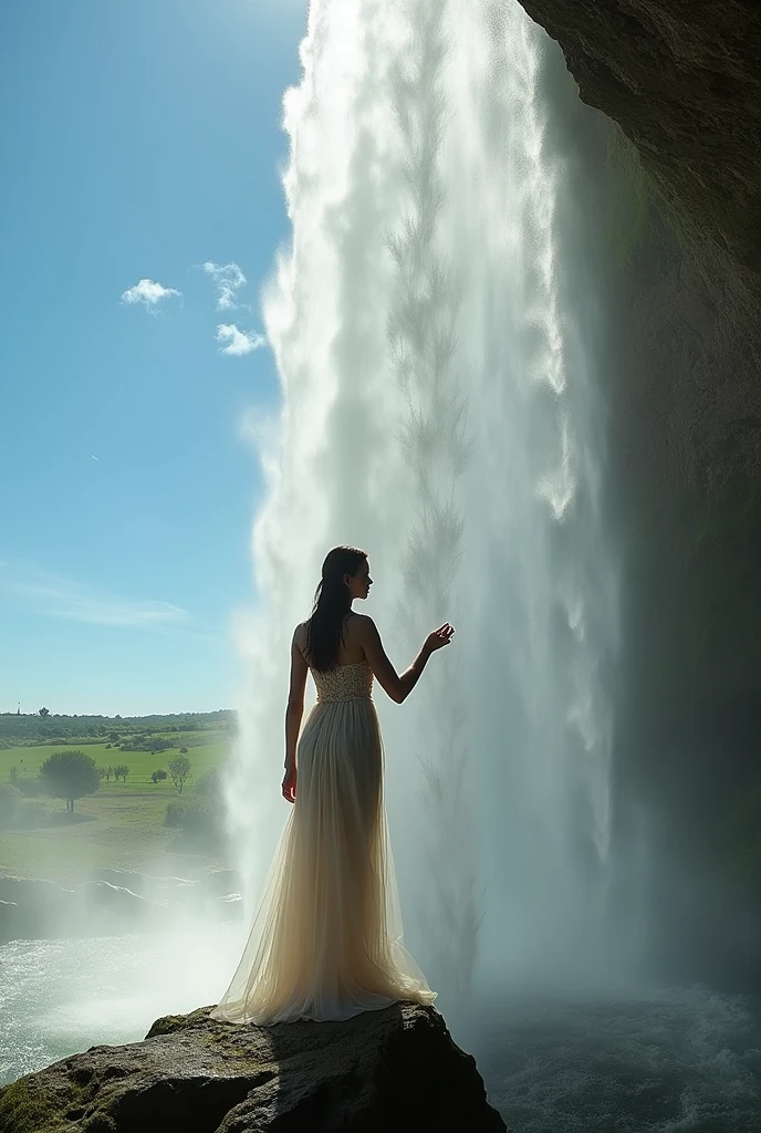 A captivating photograph of a woman standing on a rocky outcrop under a powerful, cascading waterfall. She has her hand extended, almost touching the water, as the mist envelops her body, giving the effect of her merging with the waterfall. The sunlight reflects off her wet, shimmering dress, adding a surreal touch to the scene. The background reveals a lush green landscape and blue sky, creating a harmonious blend of nature and human form.
