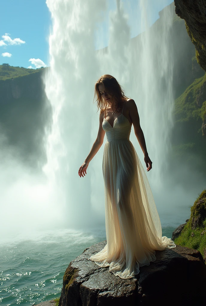 A captivating photograph of a woman standing on a rocky outcrop under a powerful, cascading waterfall. She has her hand extended, almost touching the water, as the mist envelops her body, giving the effect of her merging with the waterfall. The sunlight reflects off her wet, shimmering dress, adding a surreal touch to the scene. The background reveals a lush green landscape and blue sky, creating a harmonious blend of nature and human form.