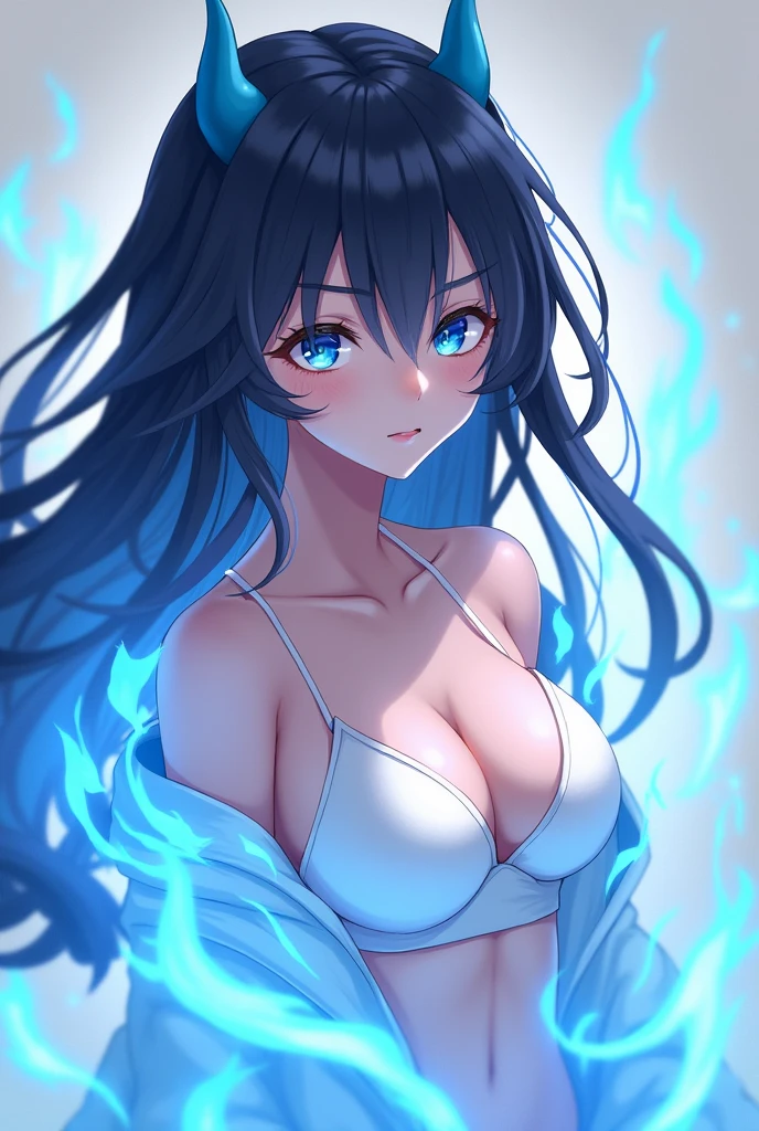 anime girl ,with dark hair and two small blue horns ,the horns are smooth , shirtless, but with a white bra, has blue fire around his body , Put a shirt on her that covers her breasts