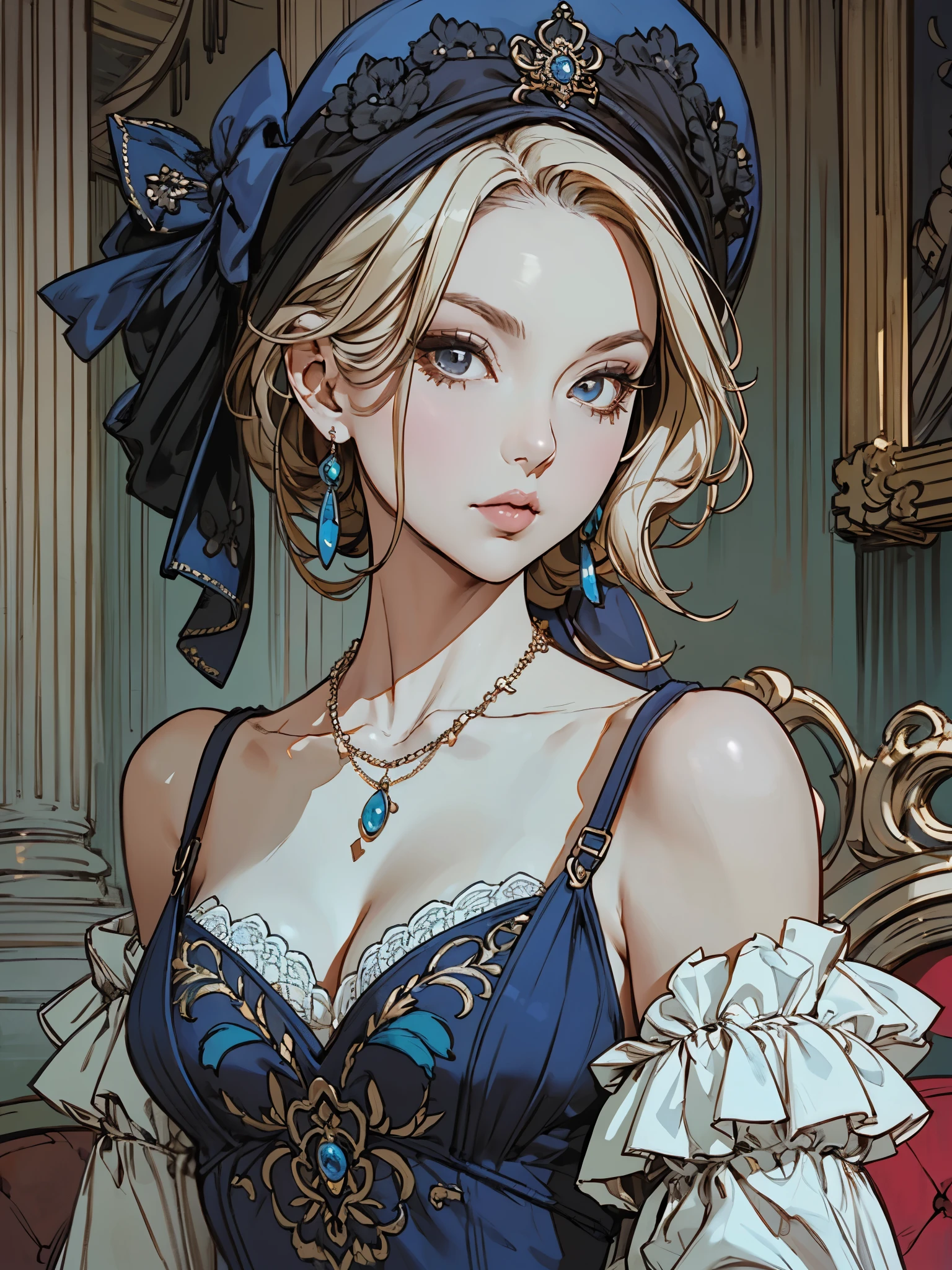 half-length portrait of female, wearing opulent sexy dress, lace-trimmed, slipping shoulder strap, looking at viewer, classy headwear with bold embroidery ribbon, royal statement earring and necklace, detailed skin dramatic light, medieval style design,