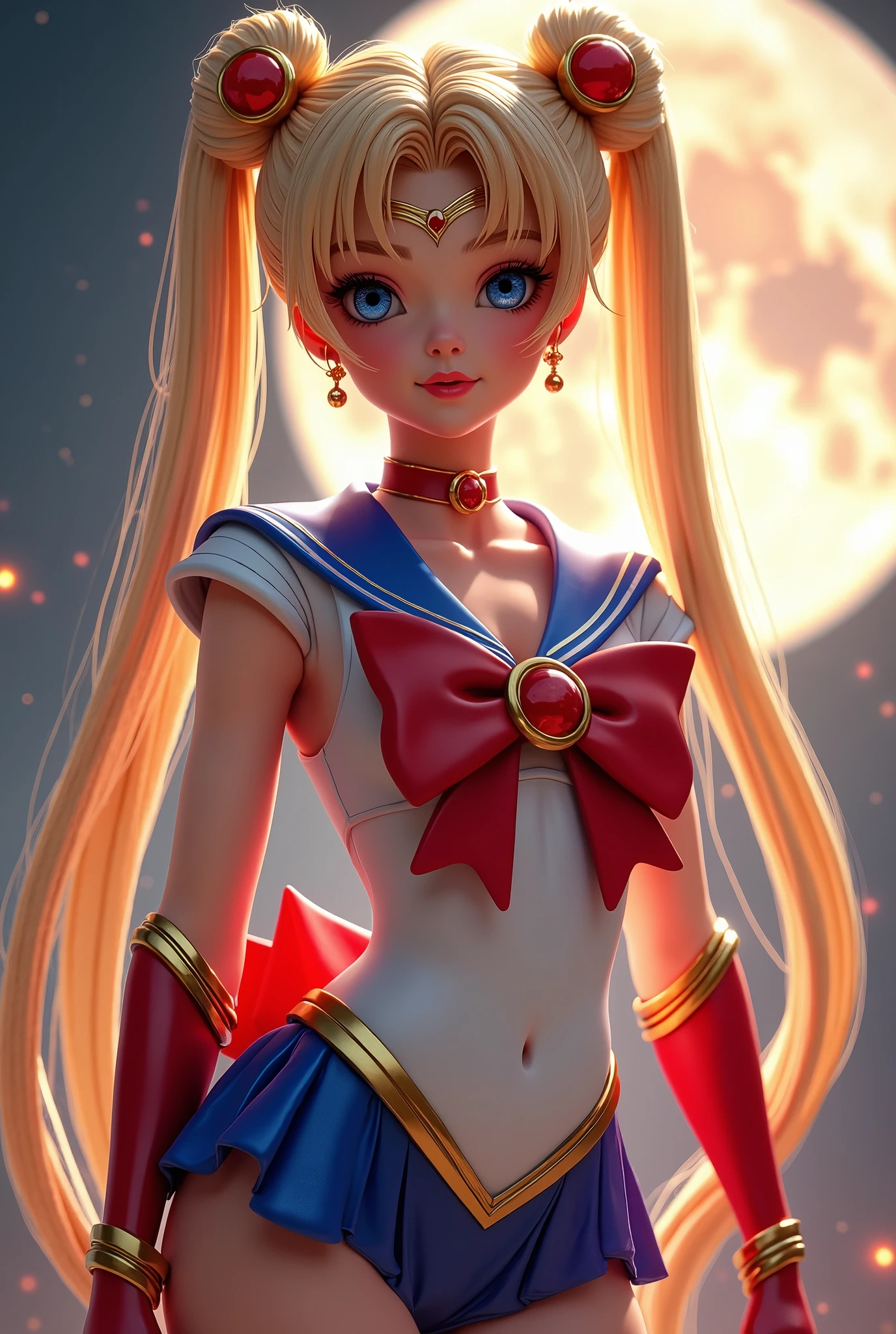 masutepiece, full: 1.3, to stand, 8K, 3D, Realistic, Ultra Micro Photography, of the highest quality, Extreme Details CG Unity 8K Wallpapers, From below, Intricate details, (nsfw:1.2),(1 female), 2, (meishaonv,Sailor Moon,tiarra, Sailor Senshi Uniform Sailor: 1.2, Sailor Moon: 1.2), Incredibly long bright twin-tailed blonde, Thin and very long straight twin tail blonde, Hair bun, Red round hair ornament in a hair bun, Sailor Senshi Uniform, huge tit, (Silver-blue collar, blue sailor collar, Silver blue pre-gate ultra mini skirt: 1.3,Pants are visible,Super High Leg Swimsuit, very large red bow on the chest,,: 1.3, Long white latex gloves: 1.3, Red gloves on the elbows, very large red bow behind the waist,: 1.1, cleavage looks bigger:1.2, a golden tiara, earrings), (Face Details: 1.5, Bright blue eyes, Beautiful face, Beautiful eyes, shiny eyes, thin lips: 1.5, thin and sharp pale eyebrows, long dark eyelashes, Double eyelashes), Luxurious Golden Jewelry, Thin, thin and muscular,,, a small face, Perfect proportions, thin waist, SEXY Model Pose, Visible Pore, Seductive smile, Perfect hands: 1.5, Very thin and fitting high gloss silver-white holographic leather, Octane Rendering, highly dramatic picture, Strong natural light, Sunlight, exquisite lighting and shadow, Dynamic Angle, Digital SLR, Sharp Focus: 1.0, Maximum clarity and sharpness, (Space background,Moon, dynamic background, Detailed background),(Rabbit, Double bun, Twin-tailed, Parted bangs, circlet, Jewelry, earrings, Choker, Red bow, White Gloves, elbow groves, Blue skirt
),nffsw