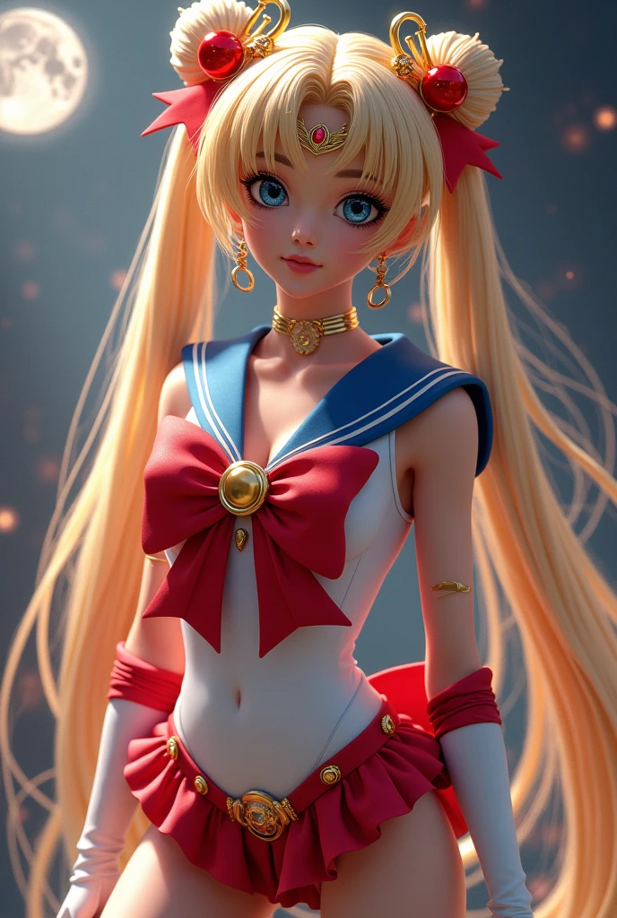 masutepiece, full: 1.3, to stand, 8K, 3D, Realistic, Ultra Micro Photography, of the highest quality, Extreme Details CG Unity 8K Wallpapers, From below, Intricate details, (nsfw:1.2),(1 female), 2, (meishaonv,Sailor Moon,tiarra, Sailor Senshi Uniform Sailor: 1.2, Sailor Moon: 1.2), Incredibly long bright twin-tailed blonde, Thin and very long straight twin tail blonde, Hair bun, Red round hair ornament in a hair bun, Sailor Senshi Uniform, huge tit, (Silver-blue collar, blue sailor collar, Silver blue pre-gate ultra mini skirt: 1.3,Pants are visible,Super High Leg Swimsuit,  very large red bow on the chest,,: 1.3, Long white latex gloves: 1.3, Red gloves on the elbows, very large red bow behind the waist,: 1.1, cleavage looks bigger:1.2, a golden tiara, earrings), (Face Details: 1.5, Bright blue eyes, Beautiful face, Beautiful eyes, shiny eyes, thin lips: 1.5, thin and sharp pale eyebrows, long dark eyelashes, Double eyelashes), Luxurious Golden Jewelry, Thin, thin and muscular,,, a small face, Perfect proportions, thin waist, SEXY Model Pose, Visible Pore, Seductive smile, Perfect hands: 1.5, Very thin and fitting high gloss silver-white holographic leather, Octane Rendering, highly dramatic picture, Strong natural light, Sunlight, exquisite lighting and shadow, Dynamic Angle, Digital SLR, Sharp Focus: 1.0, Maximum clarity and sharpness, (Space background,Moon, dynamic background, Detailed background),(Rabbit, Double bun, Twin-tailed, Parted bangs, circlet, Jewelry, earrings, Choker, Red bow, White Gloves, elbow groves, Blue skirt
),nffsw