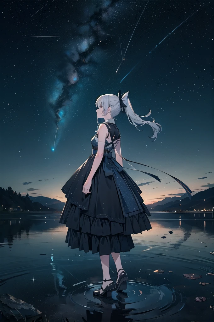Break Bloodfallen, Break costume, ponytail, Outdoor, (night, Starry Sky:1.2), masterpiece, Put your arms behind your back, Highest quality, One person, whole body, Mouth closed, lake, reflection, Outdoor, formula wallpaper
