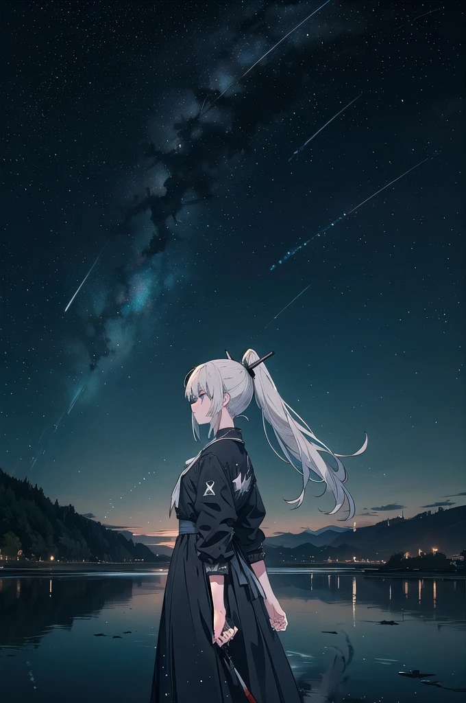 Break Bloodfallen, Break costume, ponytail, Outdoor, (night, Starry Sky:1.2), masterpiece, Put your arms behind your back, Highest quality, One person, whole body, Mouth closed, lake, reflection, Outdoor, formula wallpaper