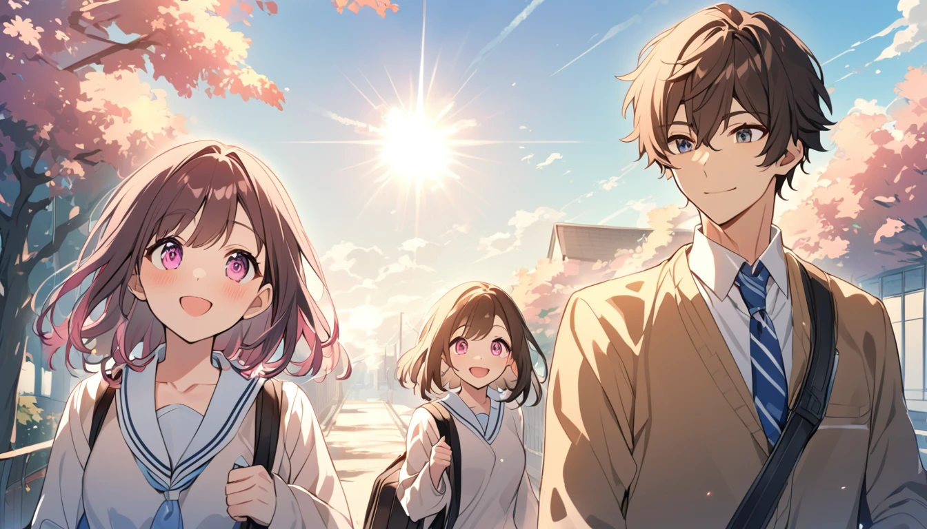 high school student,1 male,1 female,Medium Hair, Dark brown hair, Pink highlights on the tip, Pale pink eyes,Smile Facial,Blue Sky Morning,Light of the sun,seihuku,Going to school