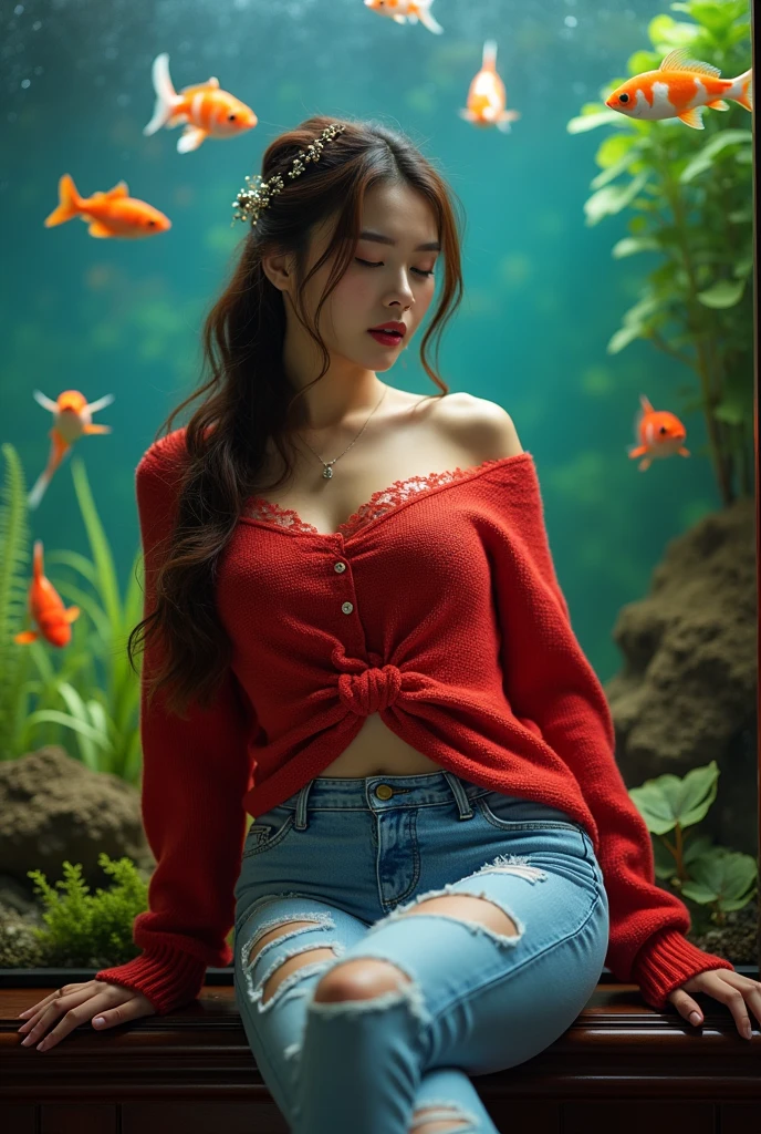 Full body original photo (resolusi tinggi), (8k) Taiwanese beautiful girl with clean white skin, very large breasts, 2,,Rambut coklat,Chain ponytail hair,with a soft red sweater with a perforated pattern and laces, ripped jeans, high heels, while blinking one eye sleeping on his side on the floor, facing the camera, aquarium background with various ornamental fish