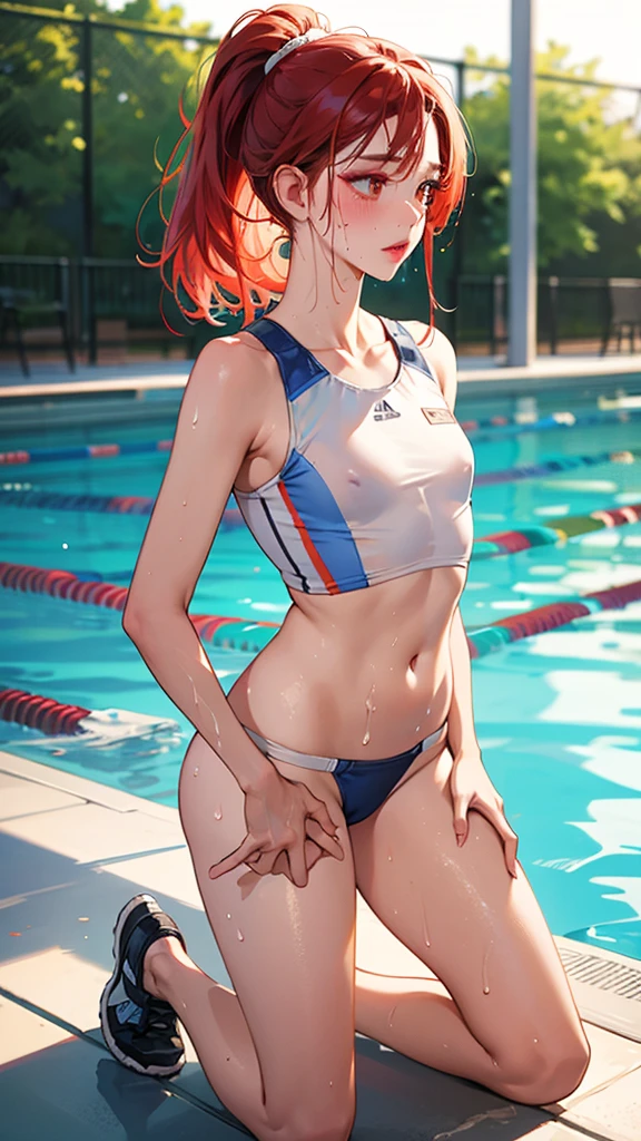 Masterpieces:1.2,best quaity),Lifelike,(Real pictures,Intricate details,Depth of field),(1girle,solo),Full body photo,swimming pool,Wear swimwear and sportswear,Makeup,Lips apart,highly detail,Perfect face,Long legs,small breast, tiny waist, Tall, Coral lip, Redhead, red-eyed, a ponytail, (sweating:1.2), (Wet), appeal, blushed, nsfw, full body model pose