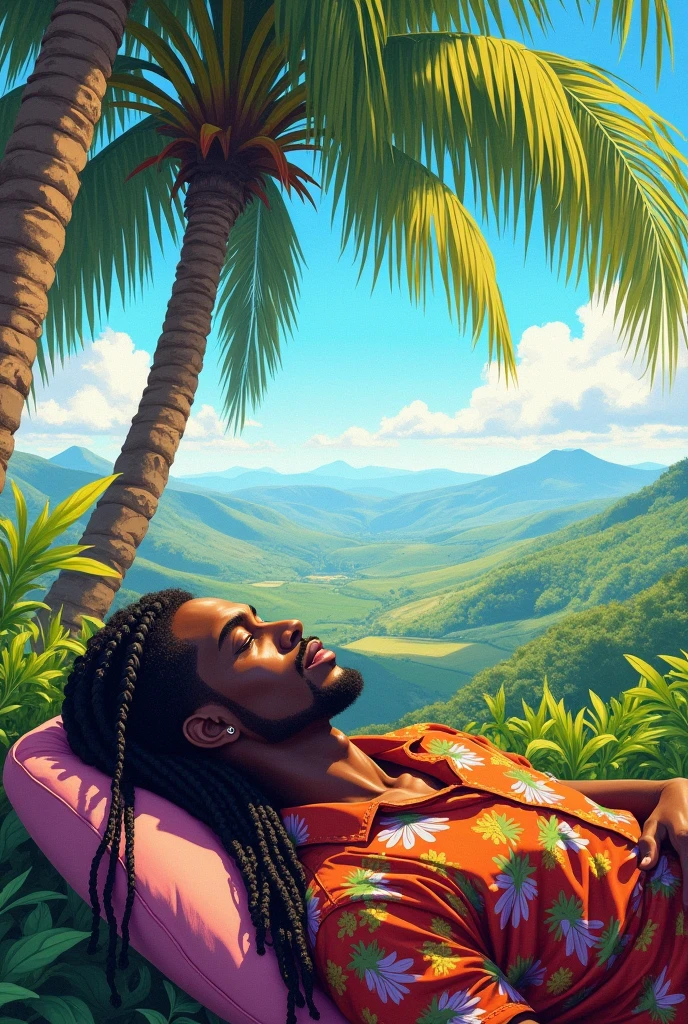Colored drawing of a man with braids and a shirt lying under a palm tree in profile, full body, with a full view of the landscape
