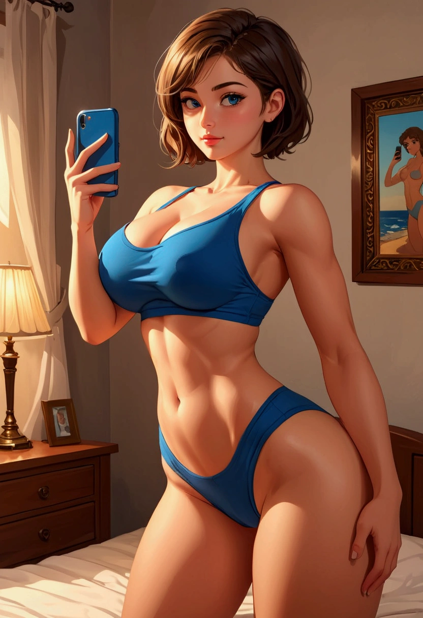 20 years old woman, Short brown hair, Mediterranean with blue eyes, Generous and heavy breasts, slender waist, estomac defini, fesses rebondies et pulpeuses, naturally curved, muscular thighs, aguicheuse, in the bedroom, Selfie