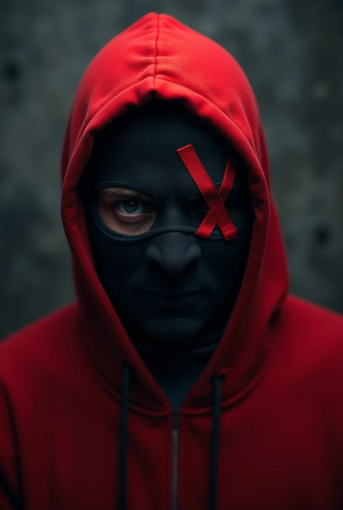 Man with black full face black mask and red hoodie and a red x over right eye