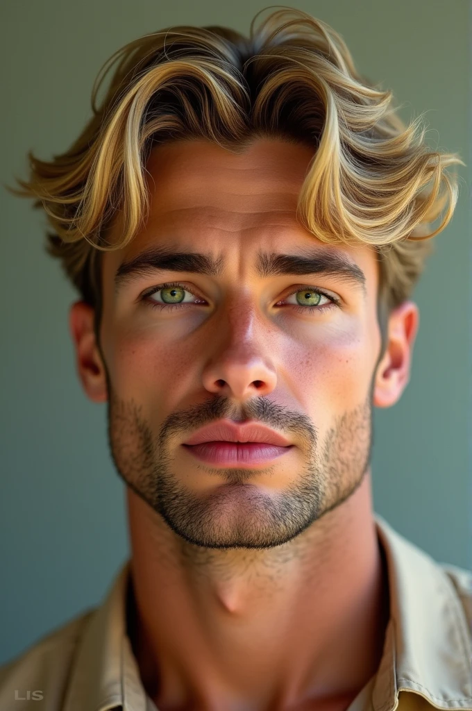 blonde man, green eyes, rubio, short hair