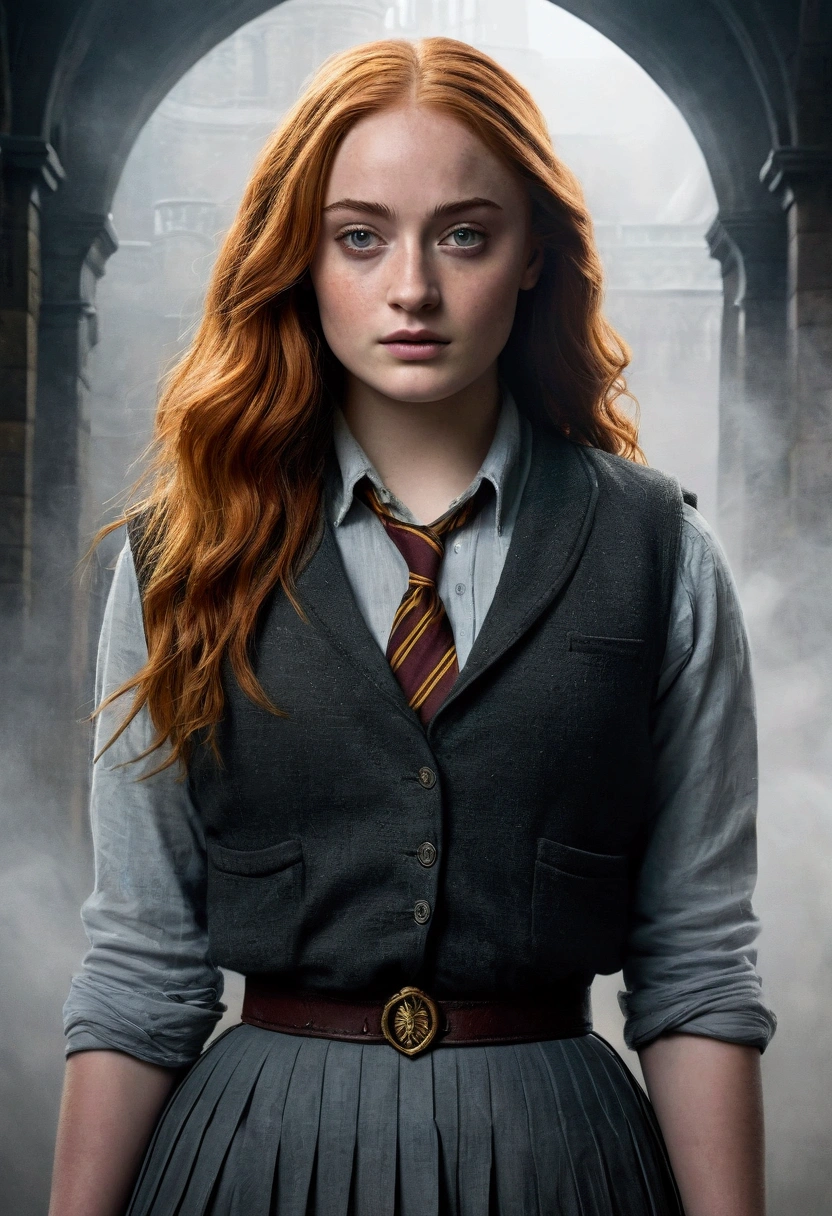 An illustrated movie poster, hand-drawn, full color, a teenage Hogwarts student, 18-years-old, female, wearing a charcoal vest and a pleated skirt, athletic hourglass figure, full wide hips, massive round butt, long shapely legs, ridiculously thick powerful thighs, vibrant eyes, deep dark auburn hair, long messy waves, flushed sun-kissed complexion, freckles, resembles Sophie Turner, standing in a foggy Hogwarts courtyard, surrounded by mist, graphite shading, stencil marks, airbrushed acrylic paint, masterpiece, close-up shot, in the style of the Deathly Hallows 