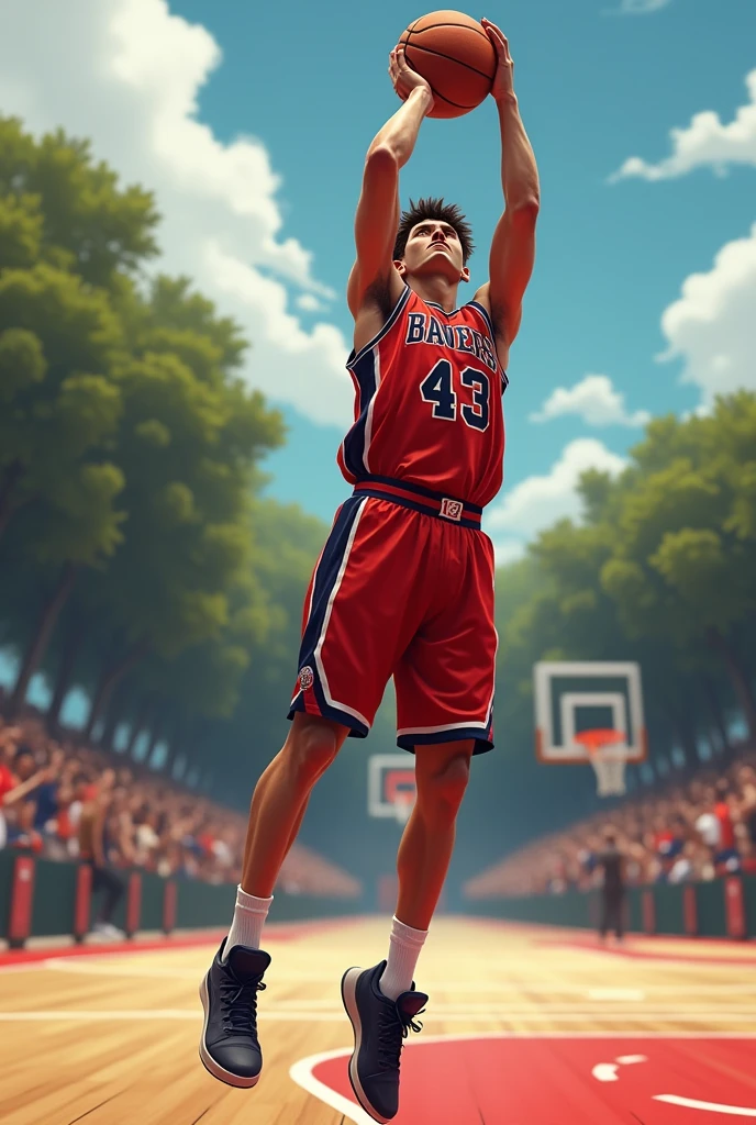 young, Sonoran, of some 23 years, with 1.93cm tall, with Basketball jersey with number 43, shooting a three point shot, on some court