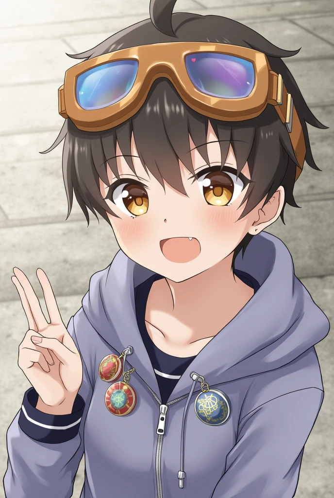 small、solo，Goggles hanging from his neck、juvenile、Looking at me、anime