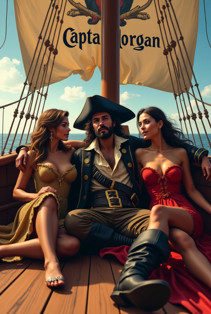 Captain Morgan sitting on ship with 2 girls with name of captain Morgan background