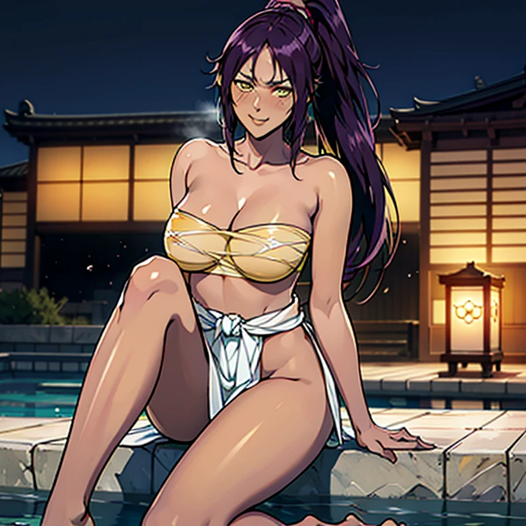  ((Master quality, 8K, masterpiece:1.3, ultra-detailed, high resolution, RAW Photos, detailed , blurry, Actual, hyper realistic, photo, HDR)), BREAK, Anatomically perfect, perfect hands, perfect legs, perfect feet, detailed eyes, BREAK, One person alone, yoruichi shihouin, long hair, (yellow eyes:1.5), ponytail, purple hair, (((dark skin, dark-skinned female))),, BREAK, beautiful face, beautiful detailed eyes, (staring at the camera , Sitting, Soak up to your chest in hot springs), , ( Round and Stacked Breasts, Erect nipples:0.8 ), Cleavage, abs, (((blush, seductive smile ))), Sweat-soaked skin, BREAK, wearing(, sarashi:2.5 only , Japanese Loincloth, Wet:1.5, see-through), , Graffiti art, BREAK, ( Random Angle, full-body, ), dynamic angle, , background(Realistic , cinematic lighting, depth of field, night , only one the full moon,, Samurai residence city atmosphere, hot spring , (((Rising steam))), light particles)