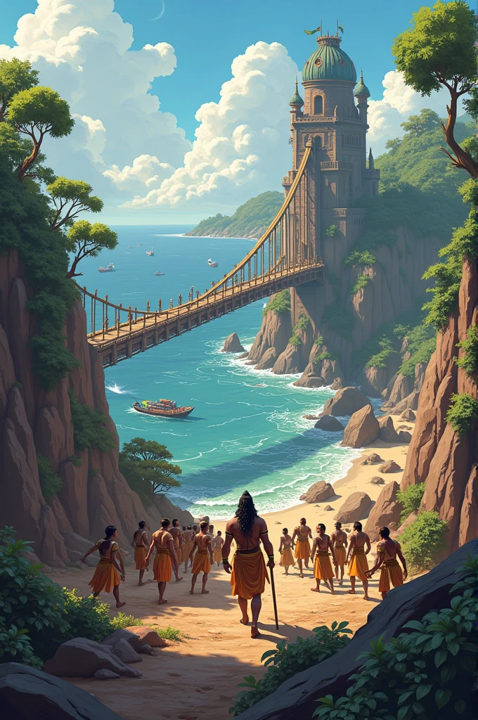 Rama's alliance with Hanuman's monkey army, the construction of a bridge to Lanka, and the subsequent war with Ravana led to his defeat and the rescue of Sita. Make it cartoon but adult